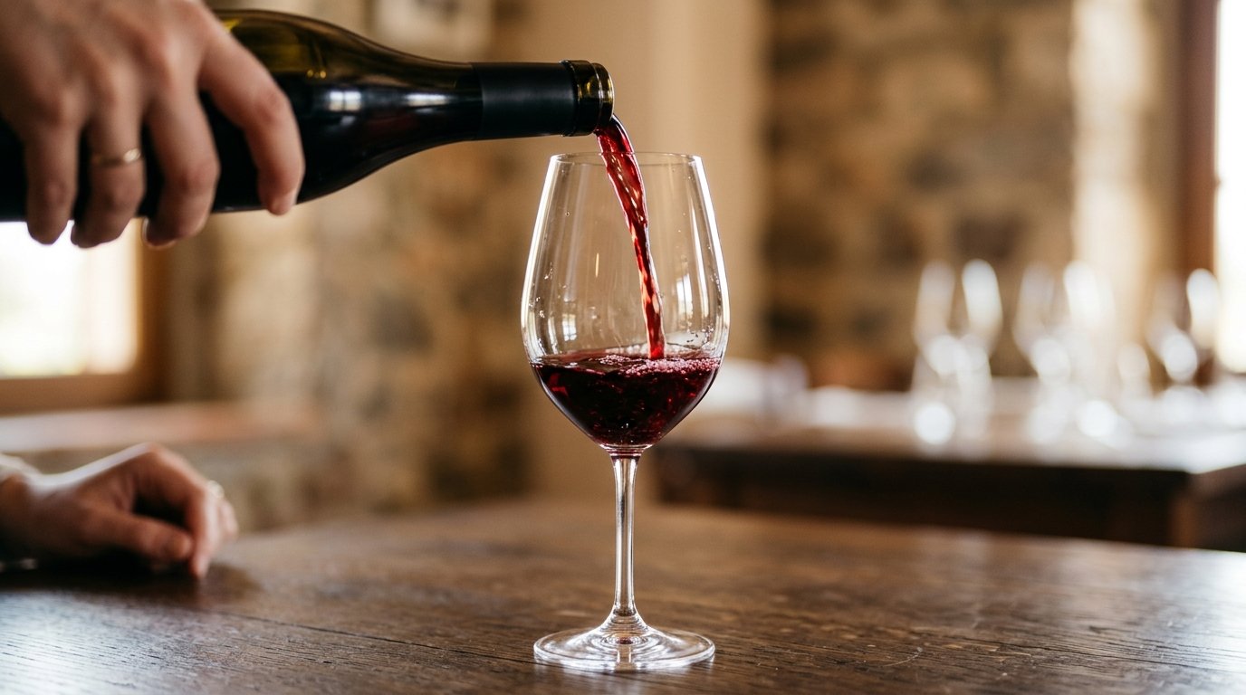 Red wine being poured from a bottle into a glass