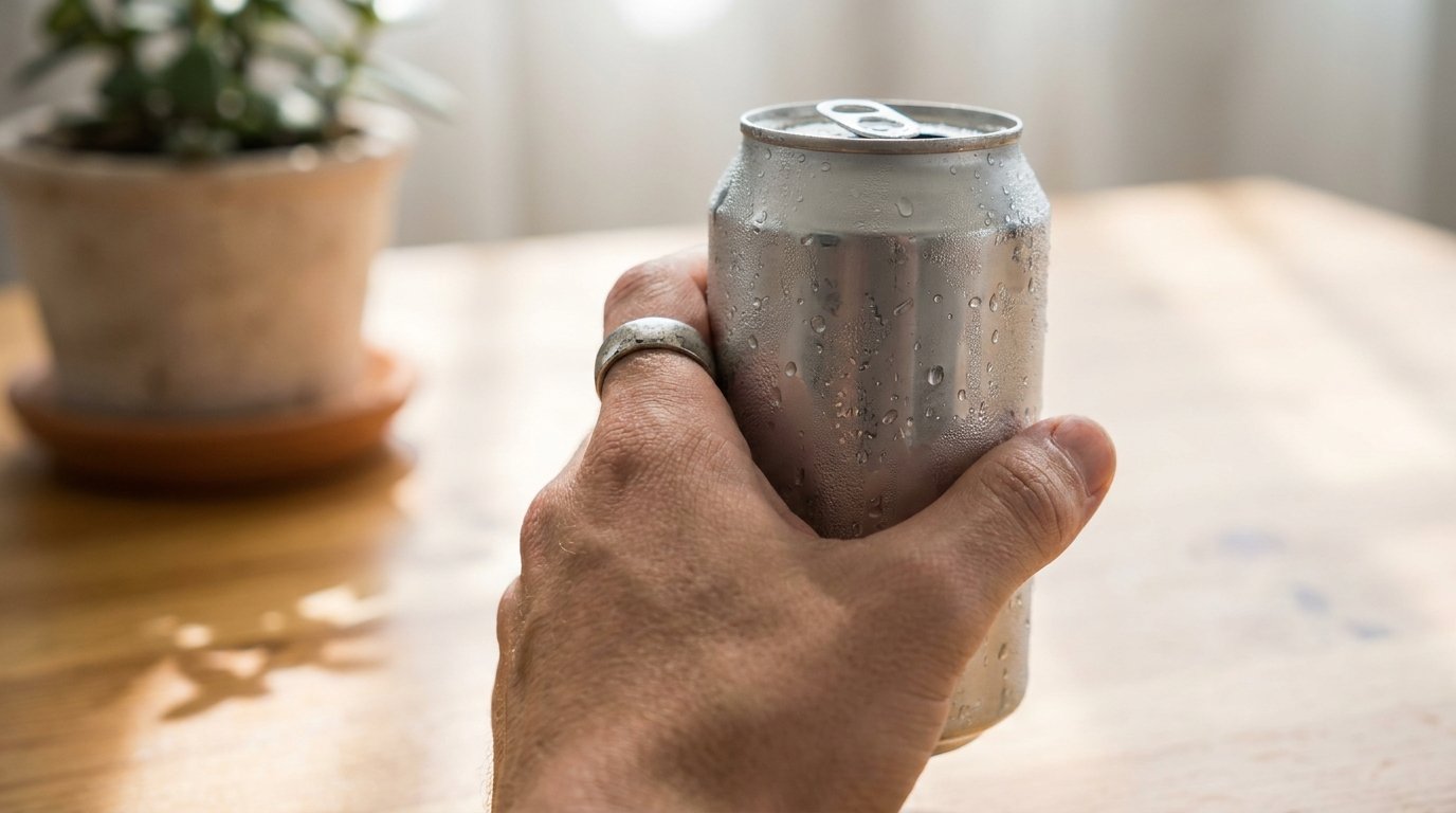 Hand holding a cold soda can with condensation