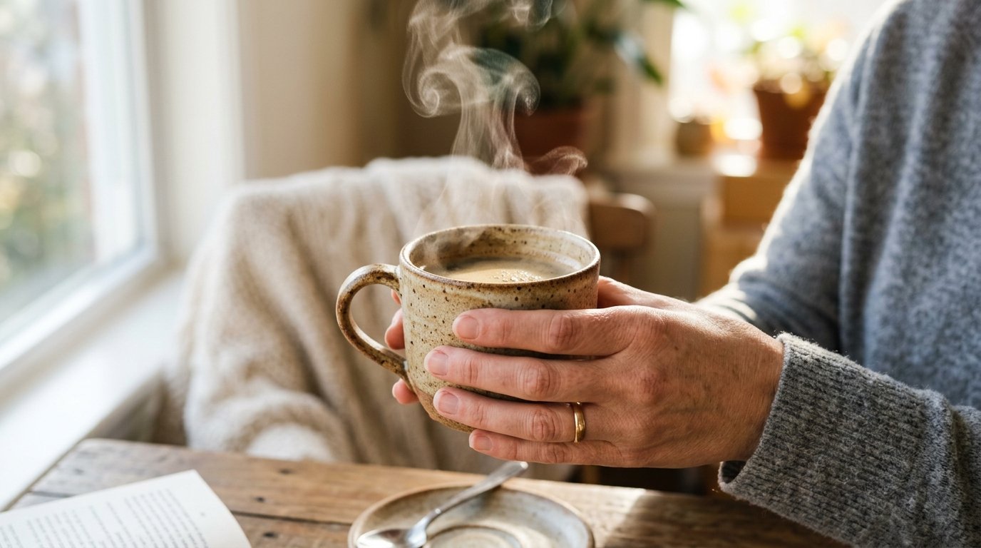 Hand holding a warm ceramic coffee mug with steam rising