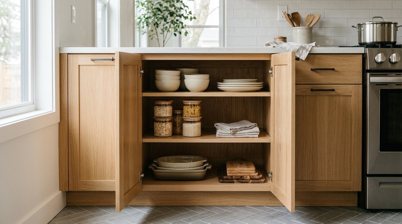 An open kitchen base cabinet showing its depth