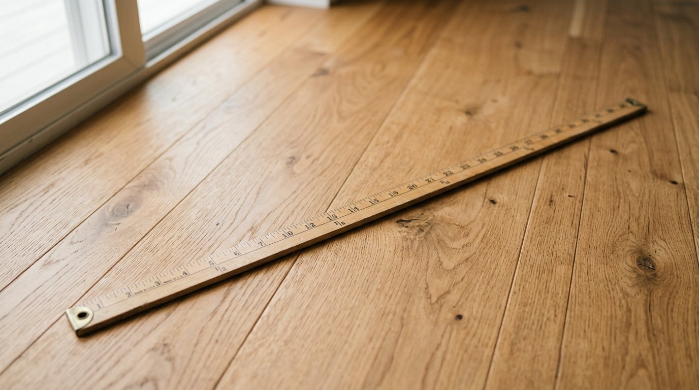A wooden yardstick lying across a hardwood floor