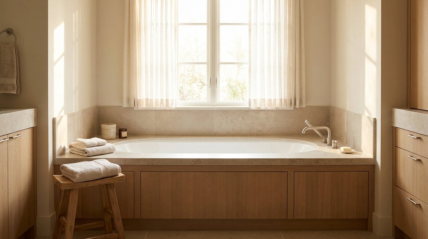 A built-in alcove bathtub in a bright bathroom