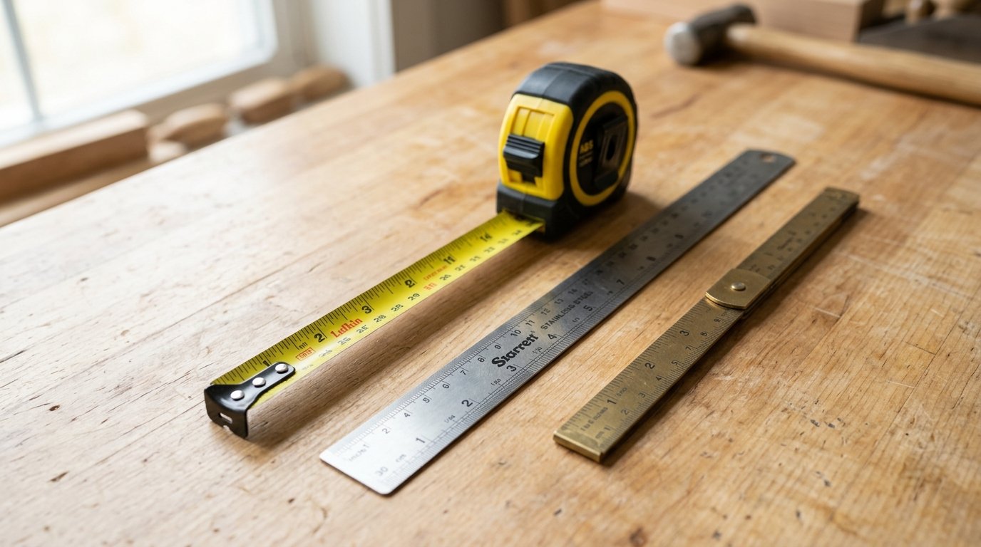 A tape measure, ruler, and pocket ruler on a table