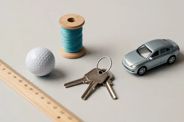 A golf ball, spool of thread, keys, and toy car arranged next to a wooden ruler for size comparison