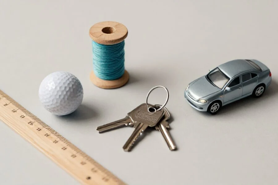 A golf ball, spool of thread, keys, and toy car arranged next to a wooden ruler for size comparison