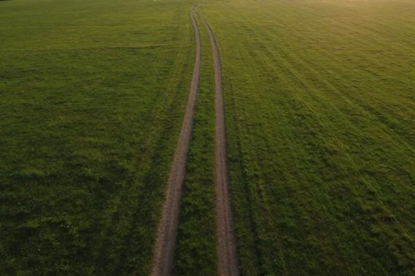 Aerial drone photo of a large open green field with a dirt path