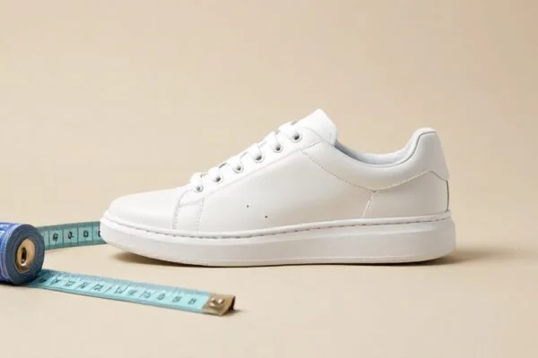 A clean white sneaker on a studio background next to a curled fabric tape measure