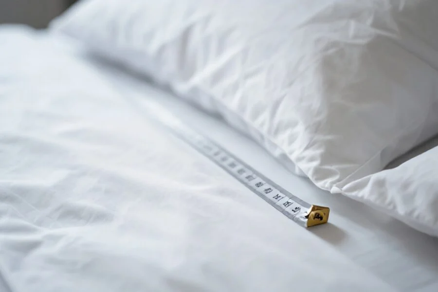 A white fabric tape measure stretched diagonally across a corner of a made bed