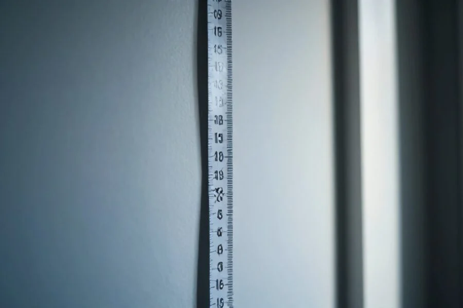A fabric tape measure hanging vertically against a plain wall beside a doorway